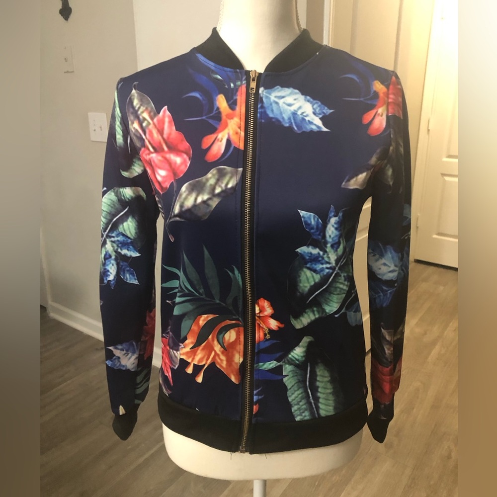 Amy’s Fashion Unisex Blue Floral Bomber Style Jacket Black Size Small